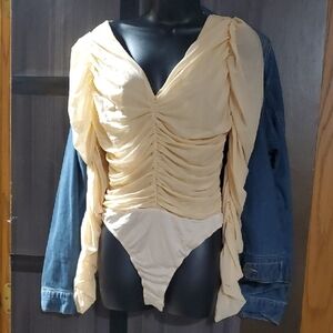 Elegant Cream Ruched Women's Bodysuit Ruched And NEW